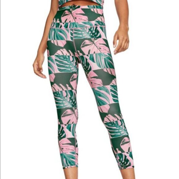 Nike Dri Fit Leggings S Pink Monstera Palm Leaves Cropped High Rise Tropical - Picture 1 of 9